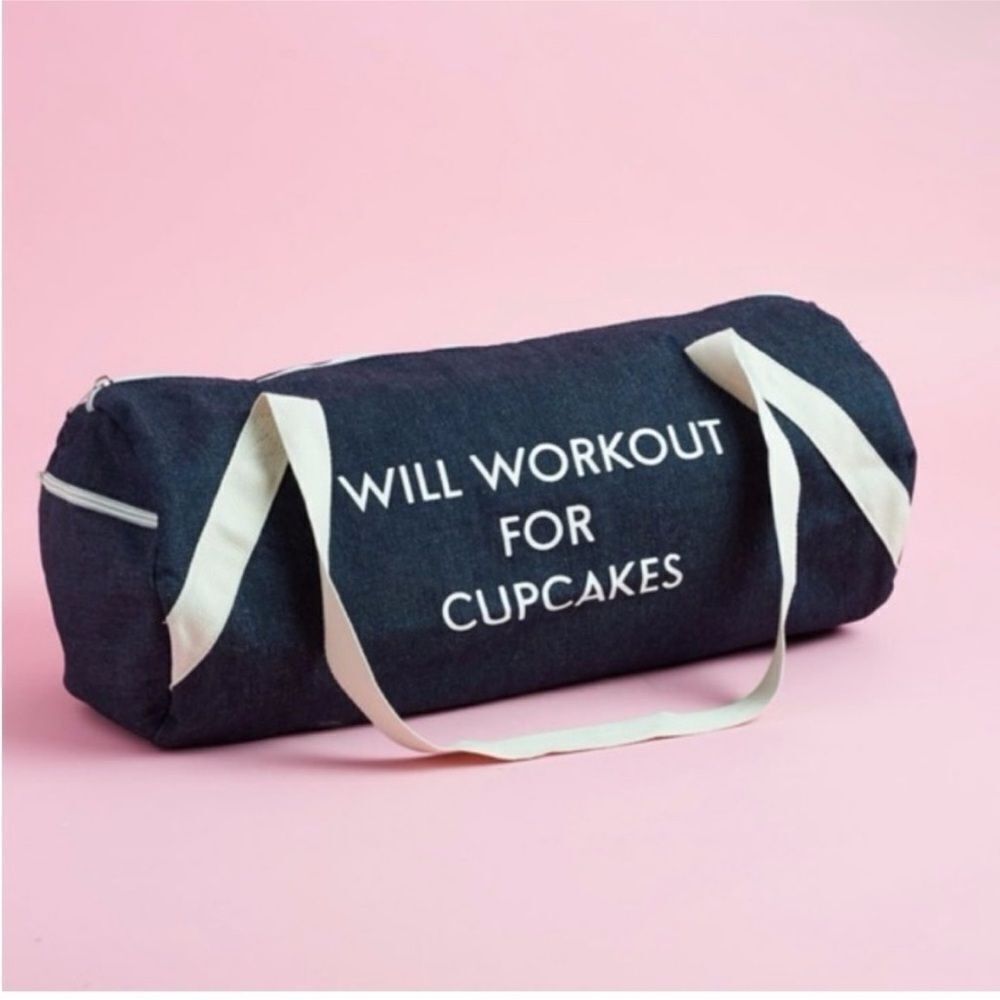 WILL WORKOUT FOR CUPCAKES Denim Look Gym Bag Duffel